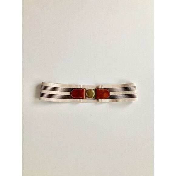Vintage Brown Leather Beige Striped Stretch Canvas Brass Waist Belt, One Size - Picture 1 of 9